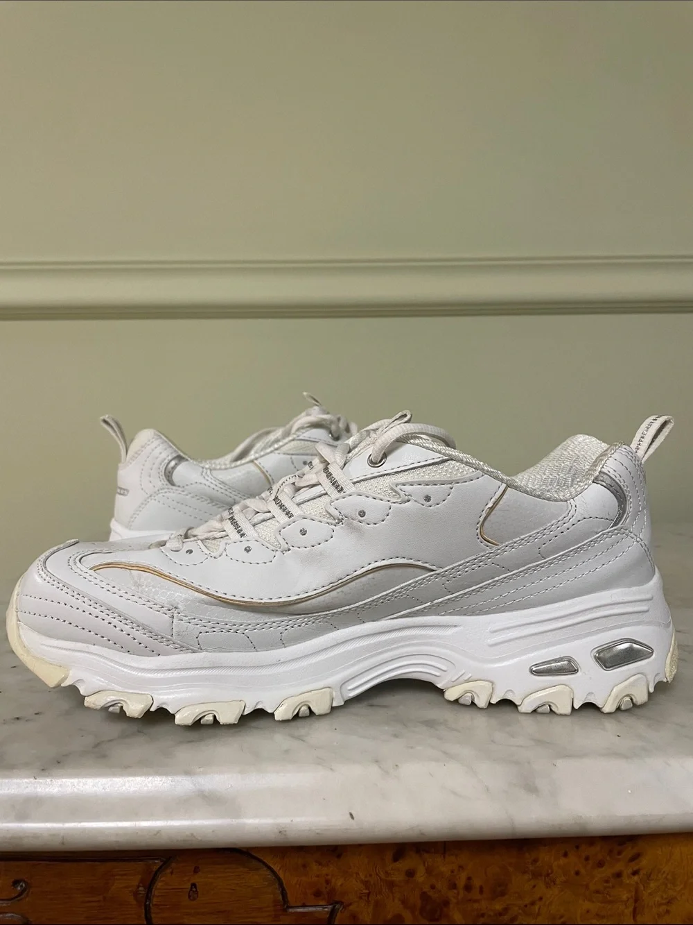 Skechers White Leather Lace-Up Sneakers with Cream Accents